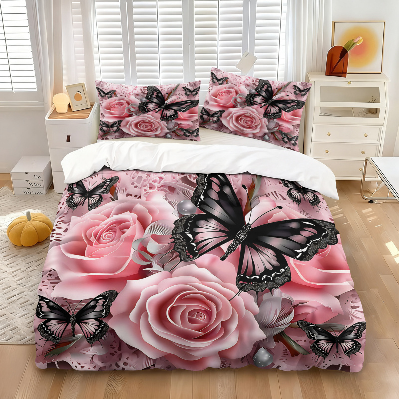 Pink Rose Black Butterfly Prin - Aesthetic Floral Duvet Cover review and price